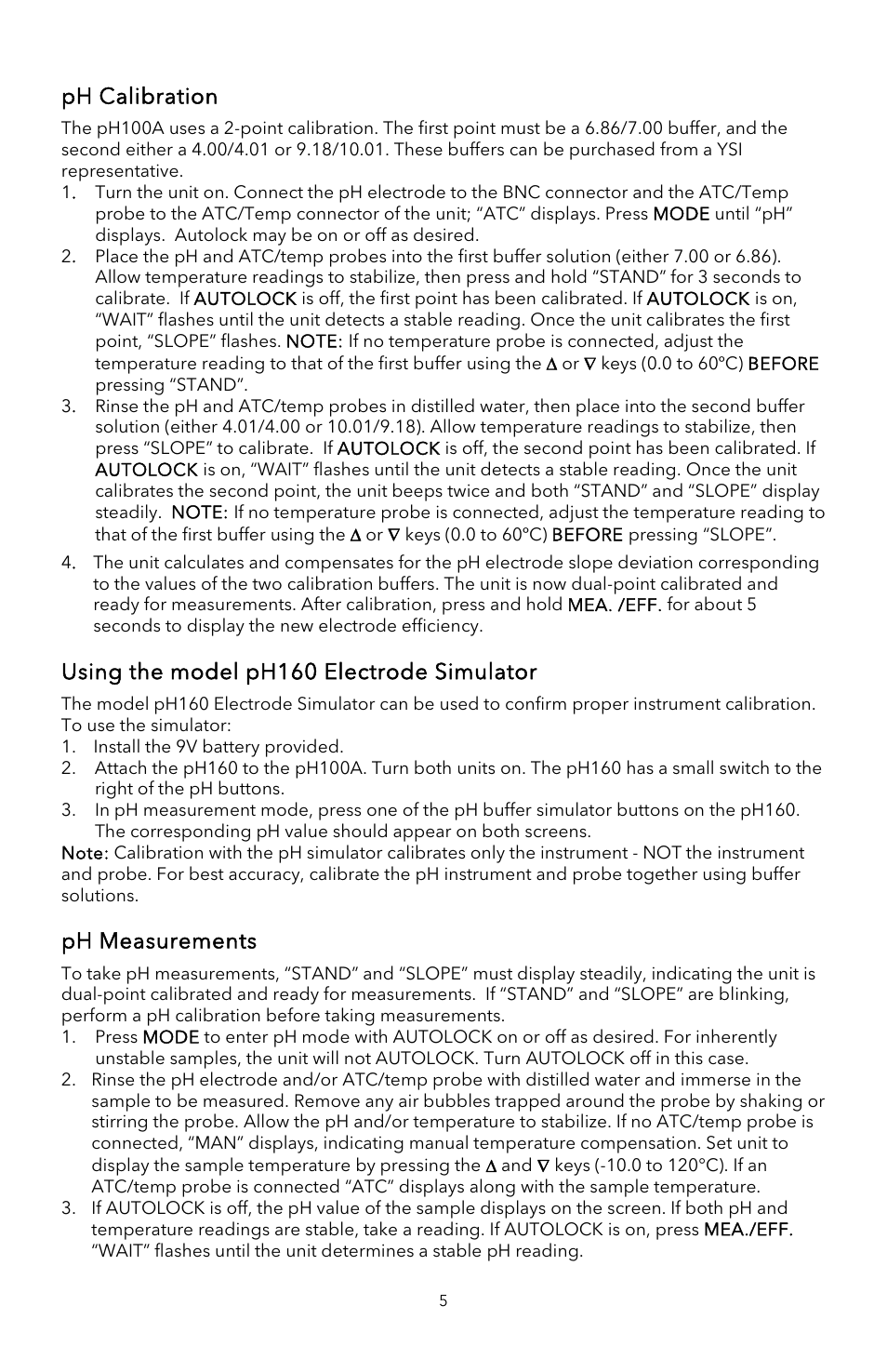 Ph calibration, Using the model ph160 electrode simulator, Ph measurements | YSI pH100A User Manual | Page 7 / 40