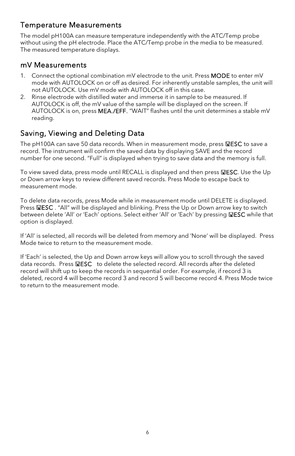 Temperature measurements, Mv measurements, Saving, viewing and deleting data | YSI pH100A User Manual | Page 8 / 40