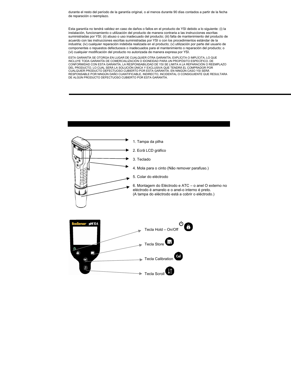 Manual de operações, Caneta de temperatura/ecosense, Ph10a ph | YSI pH10A User Manual | Page 9 / 13