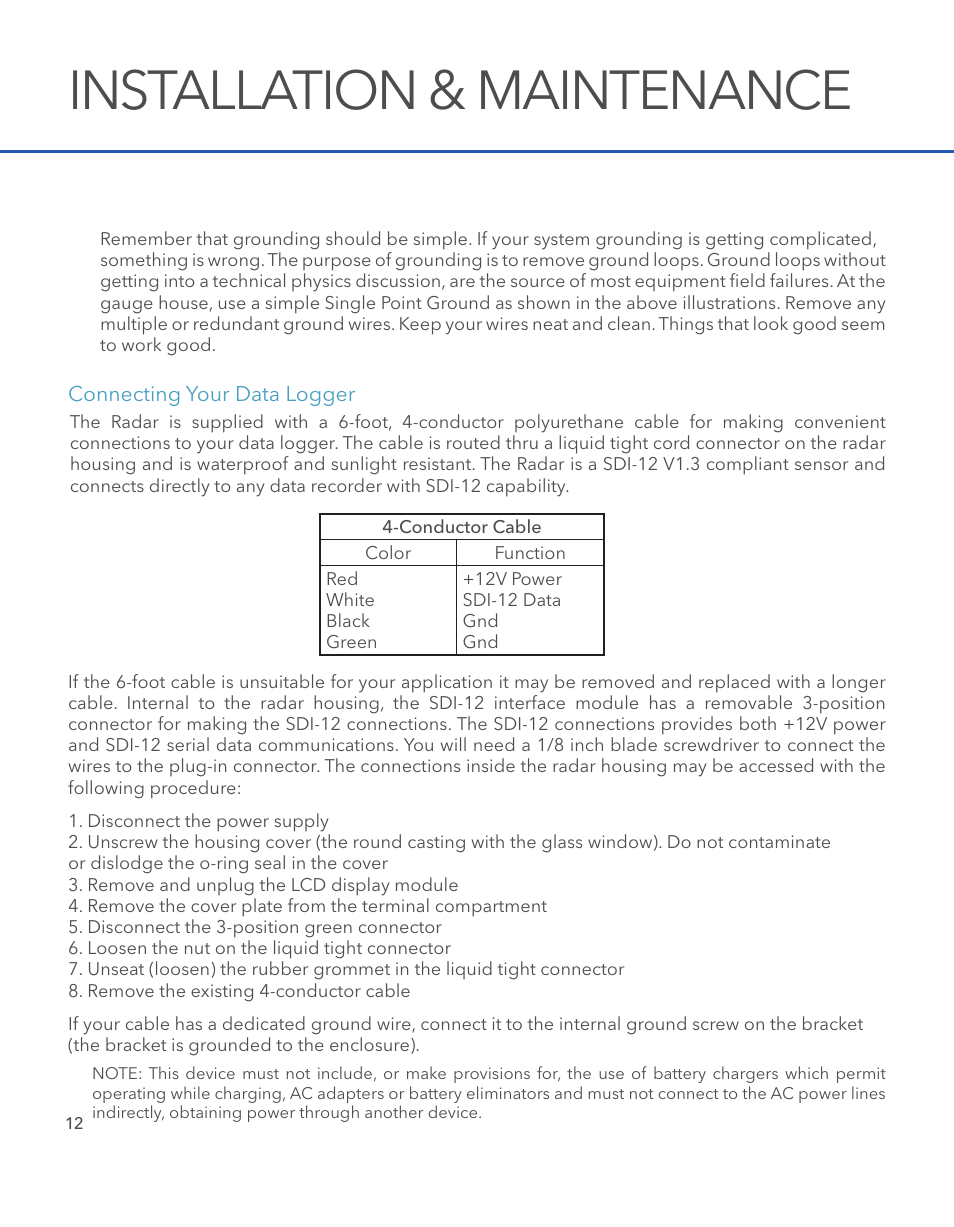 Installation & maintenance | Xylem SDI-12 RADAR User Manual | Page 14 / 40