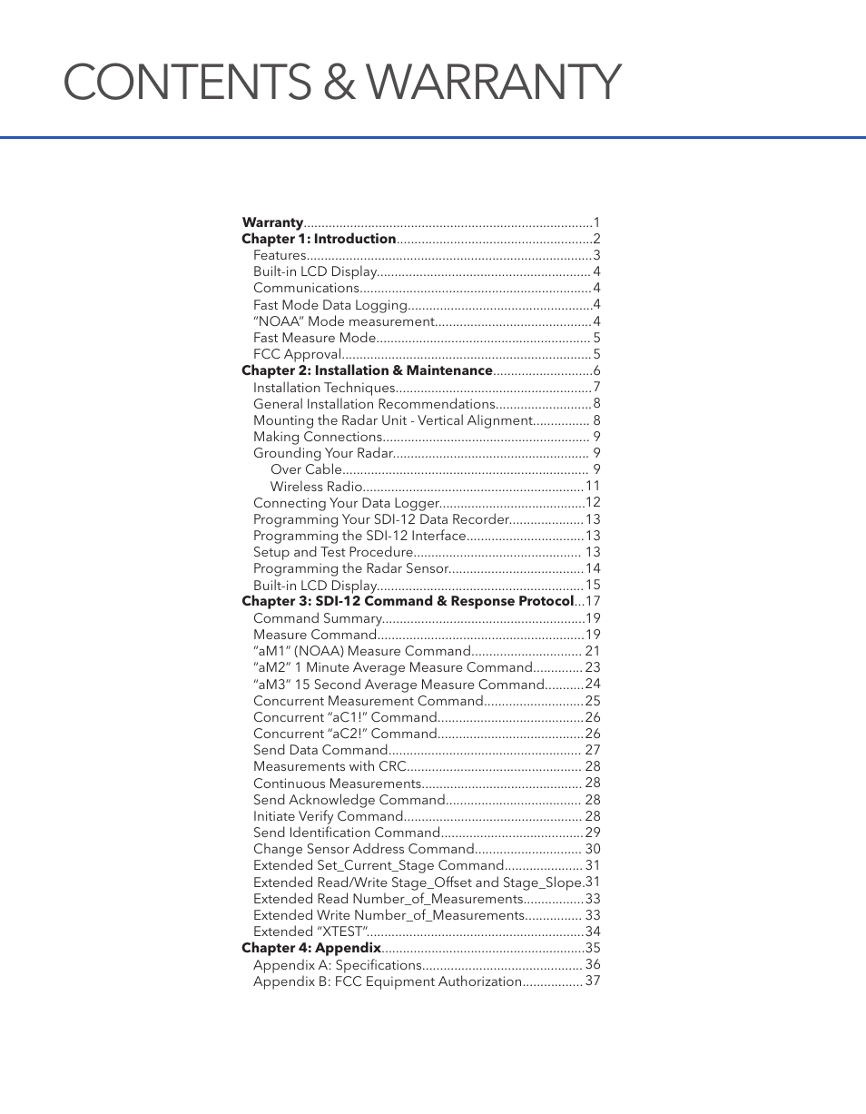 Contents & warranty | Xylem SDI-12 RADAR User Manual | Page 2 / 40