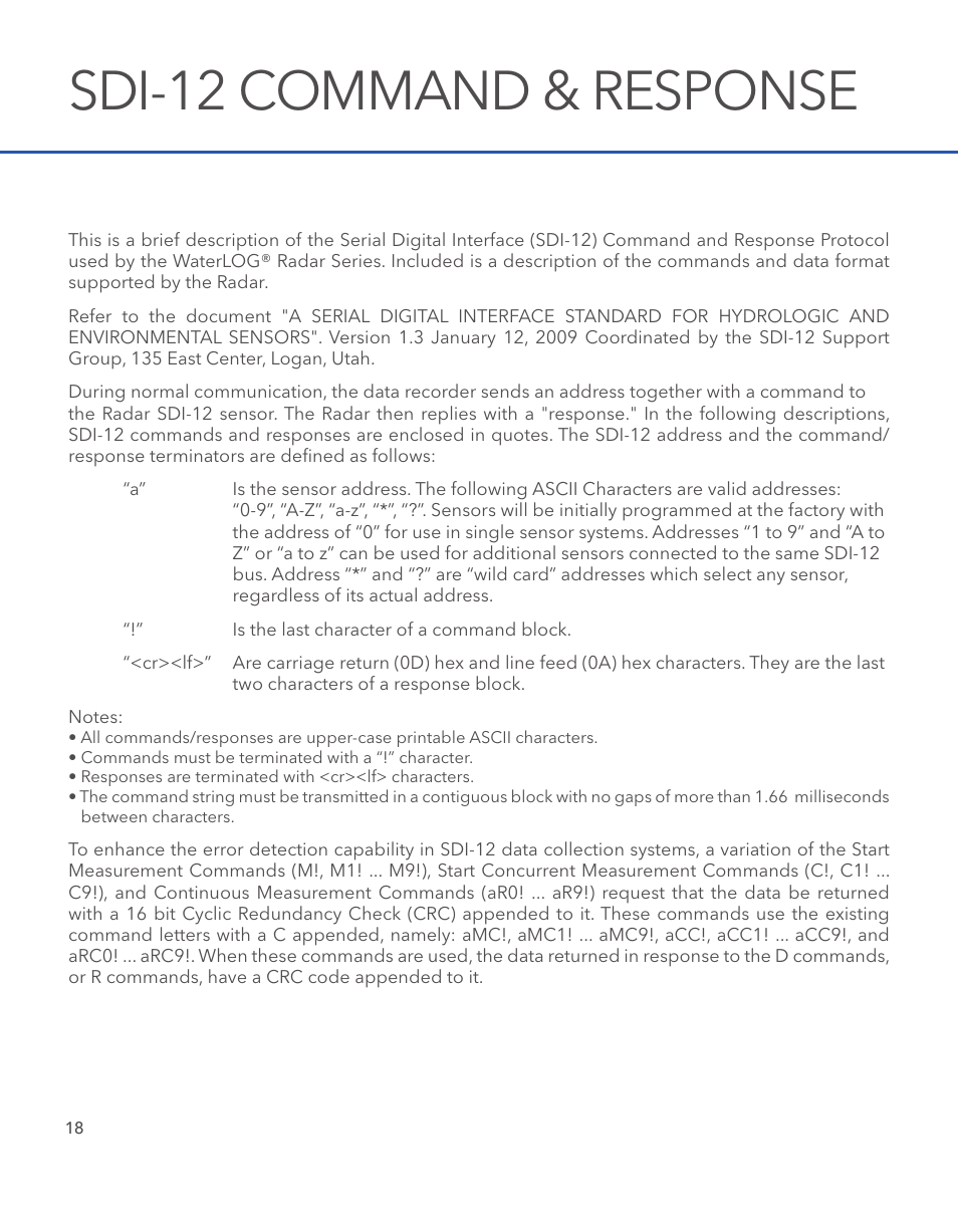 Sdi-12 command & response | Xylem SDI-12 RADAR User Manual | Page 20 / 40