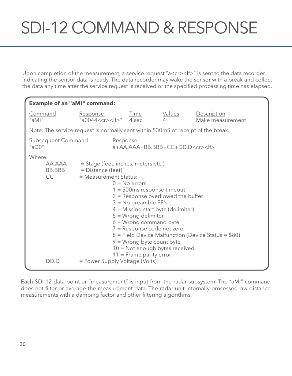 Sdi-12 command & response | Xylem SDI-12 RADAR User Manual | Page 22 / 40