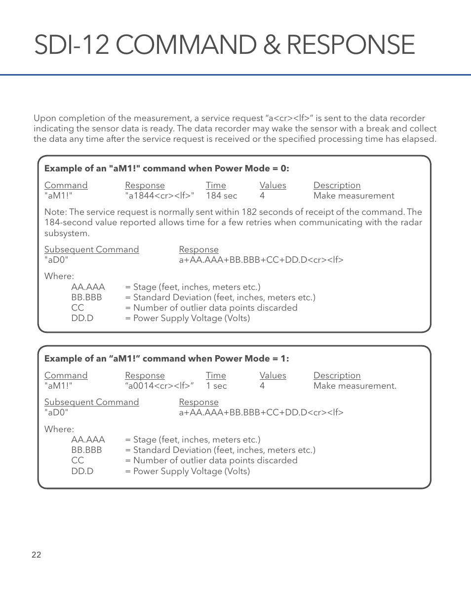 Sdi-12 command & response | Xylem SDI-12 RADAR User Manual | Page 24 / 40