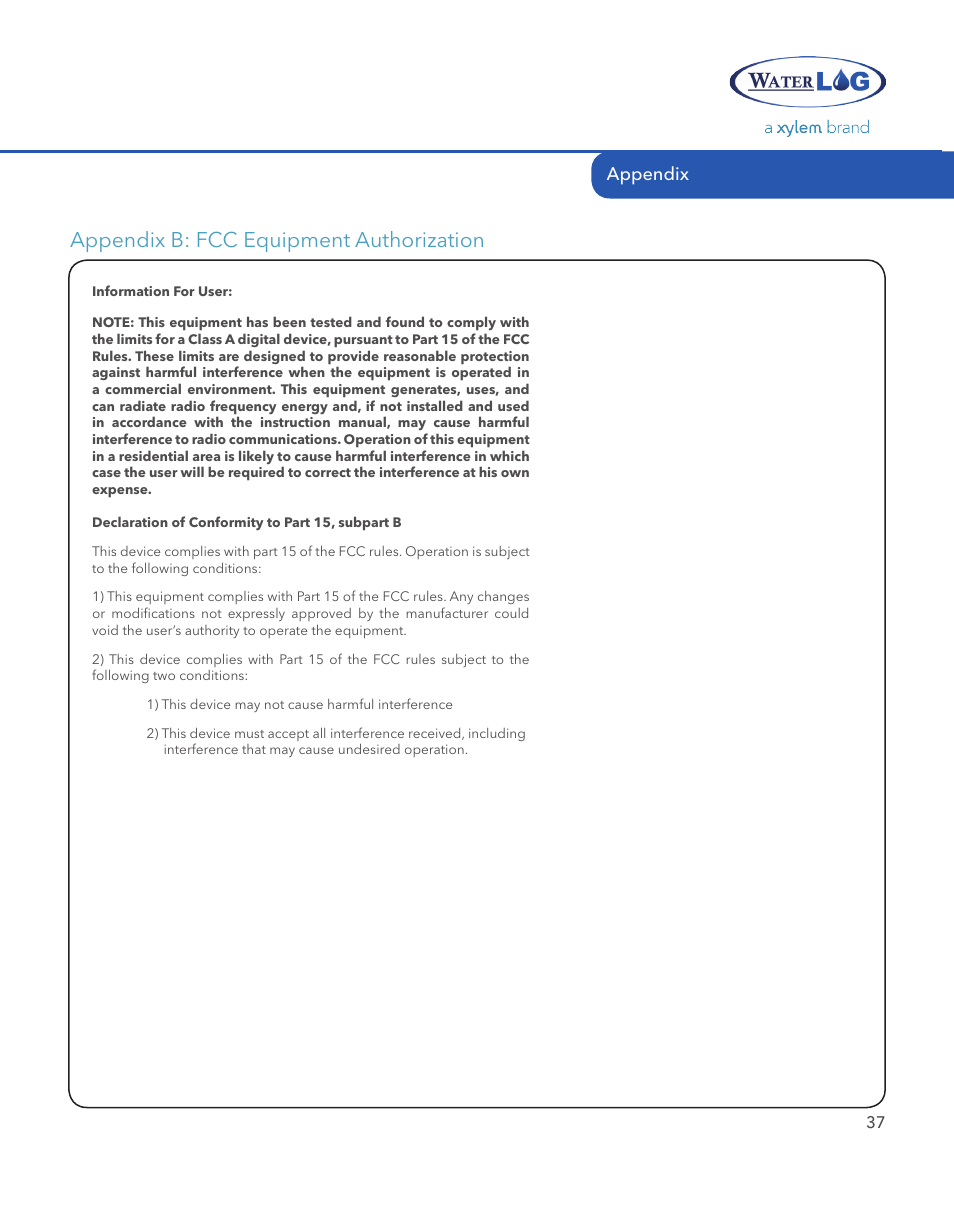 Appendix b: fcc equipment authorization, Appendix | Xylem SDI-12 RADAR User Manual | Page 39 / 40