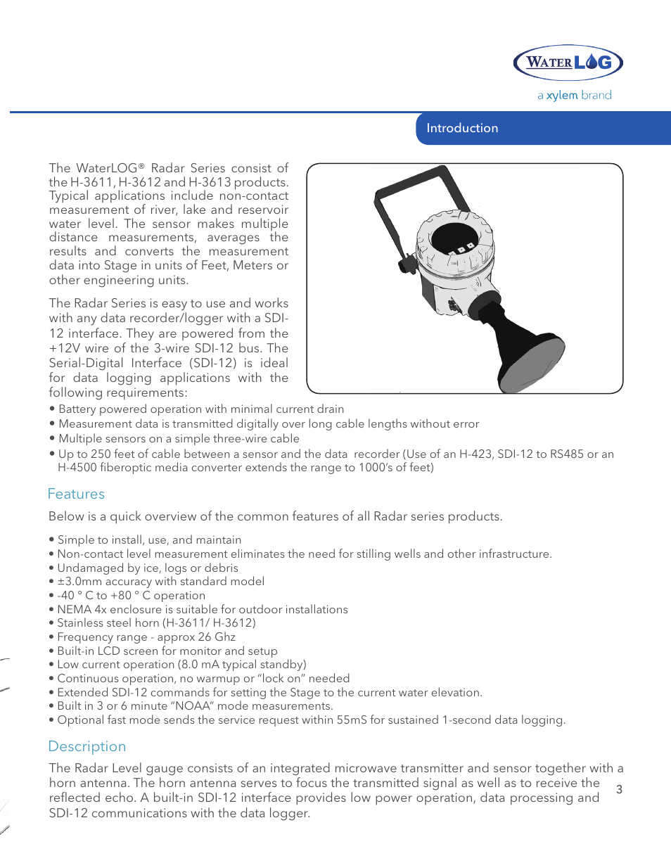 Features description | Xylem SDI-12 RADAR User Manual | Page 5 / 40