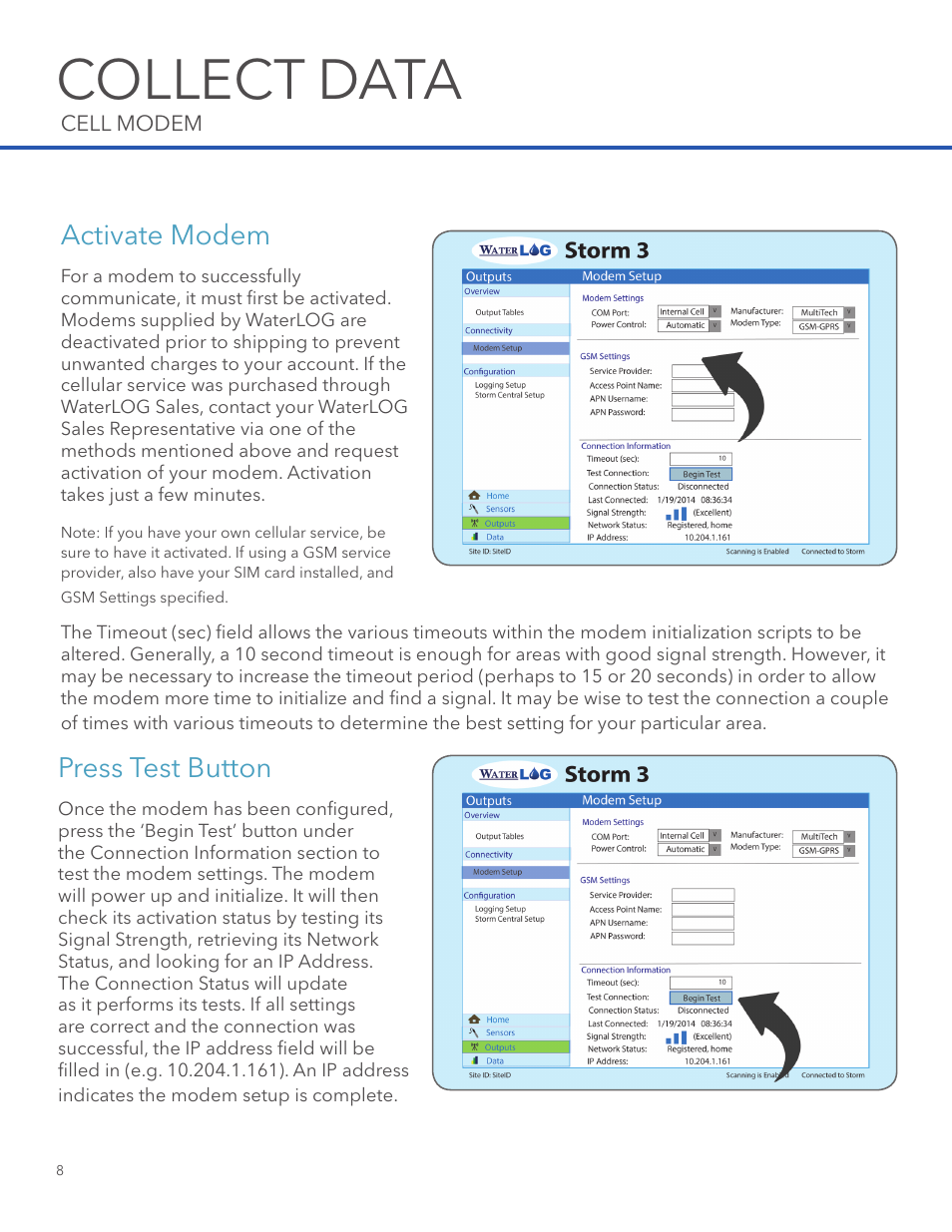 Collect data, Activate modem press test button | Xylem STORM Central User Manual | Page 10 / 20