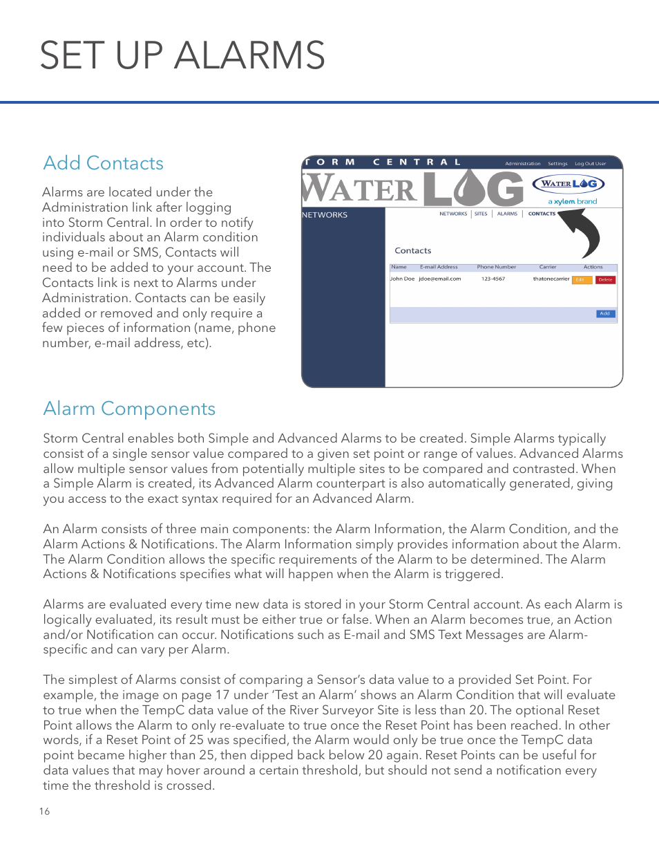 Set up alarms, Add contacts, Alarm components | Xylem STORM Central User Manual | Page 18 / 20
