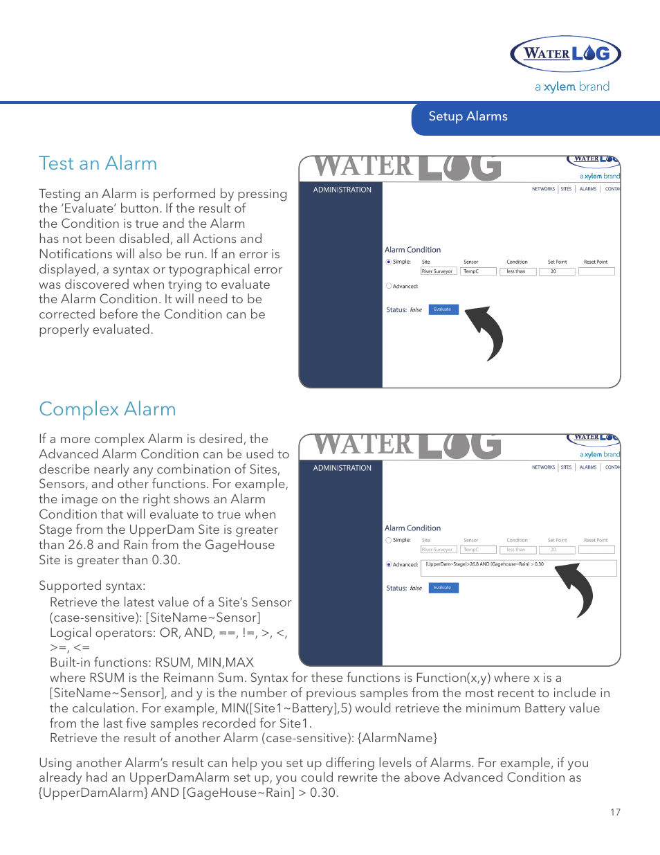 Test an alarm, Complex alarm | Xylem STORM Central User Manual | Page 19 / 20