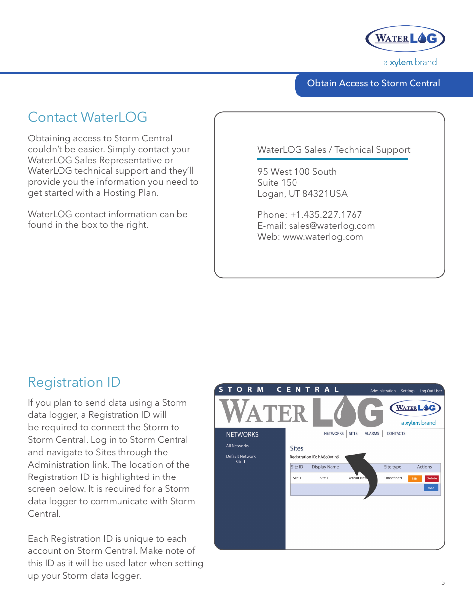 Registration id, Contact waterlog | Xylem STORM Central User Manual | Page 7 / 20