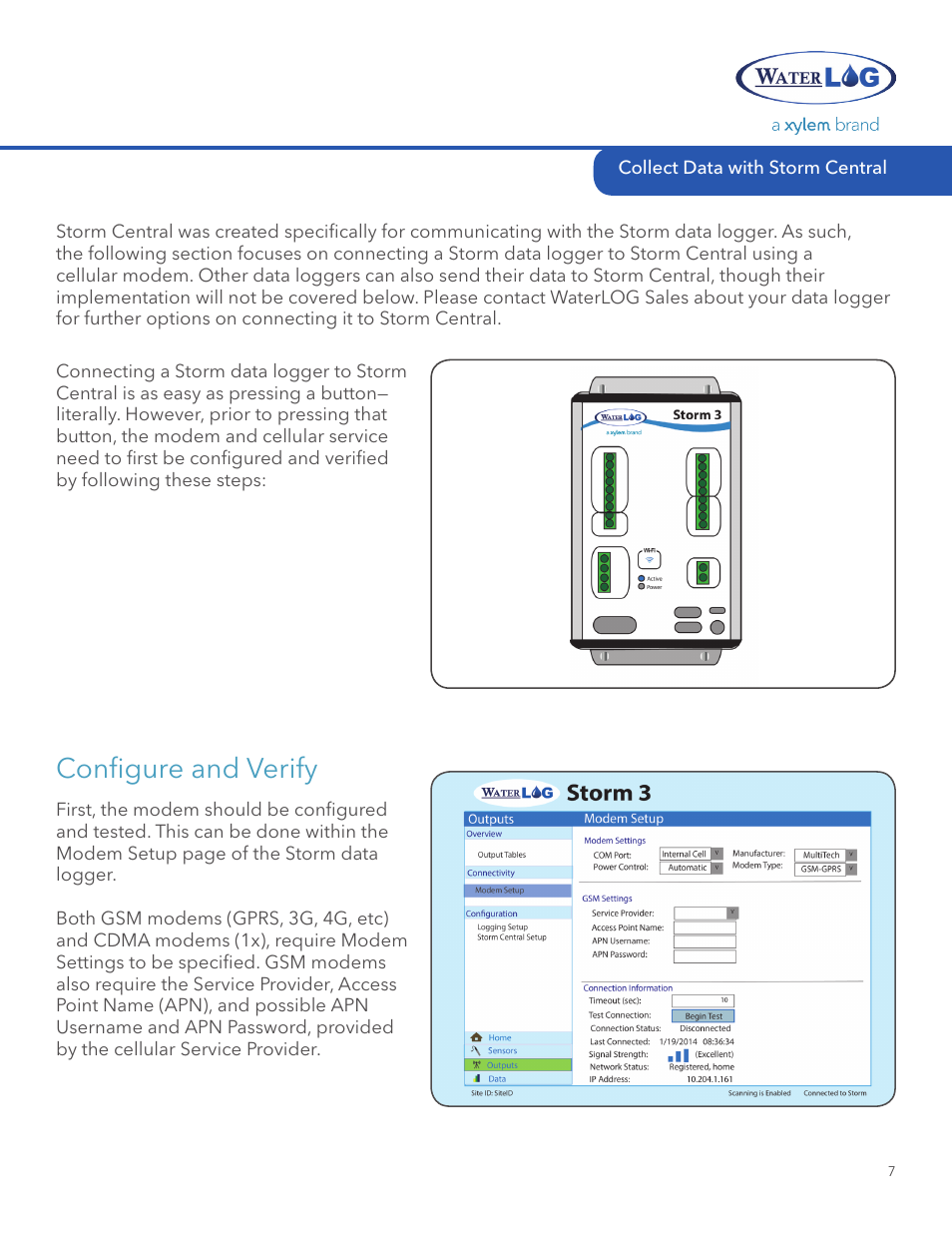 Cell modem, Configure and verify | Xylem STORM Central User Manual | Page 9 / 20