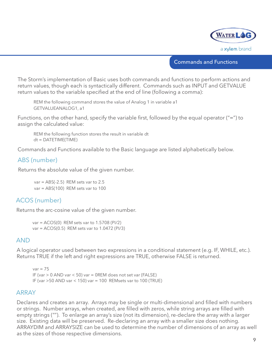 Abs (number), Acos (number), Array | Xylem STORM 3 Basic Programming manual User Manual | Page 11 / 48
