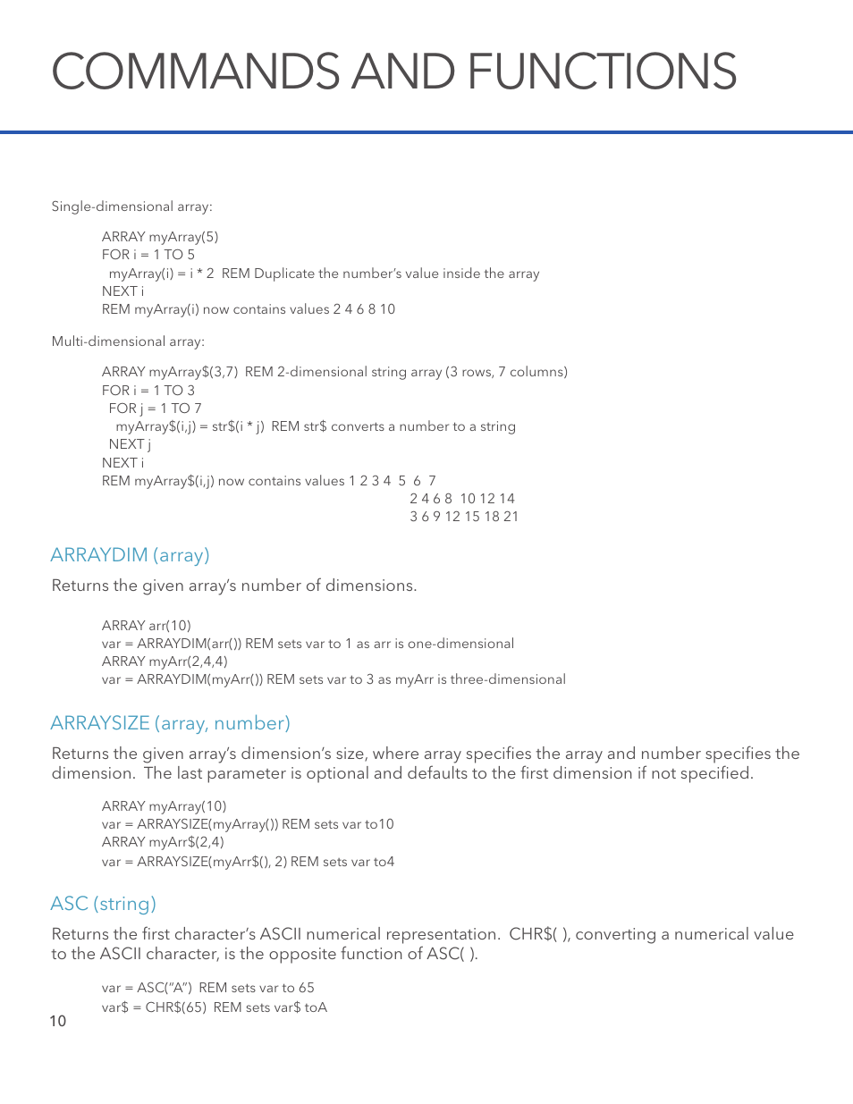 Commands and functions, Arraydim (array), Arraysize (array, number) | Asc (string) | Xylem STORM 3 Basic Programming manual User Manual | Page 12 / 48