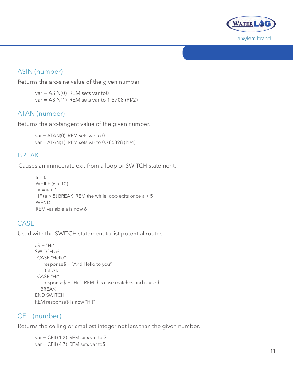Asin (number), Atan (number), Break case | Ceil (number) | Xylem STORM 3 Basic Programming manual User Manual | Page 13 / 48
