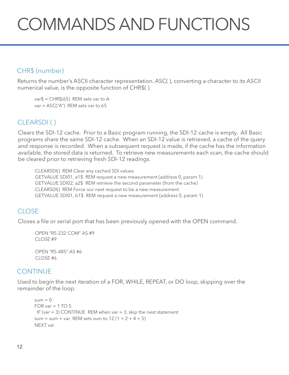 Commands and functions, Chr$ (number), Clearsdi ( ) | Close, Continue | Xylem STORM 3 Basic Programming manual User Manual | Page 14 / 48