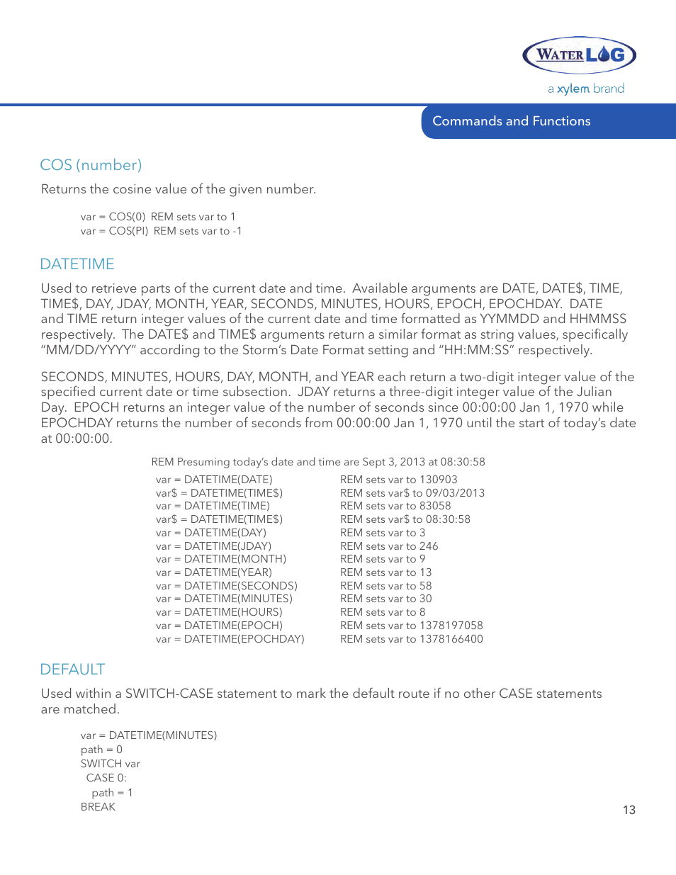 Cos (number), Datetime, Default | Xylem STORM 3 Basic Programming manual User Manual | Page 15 / 48