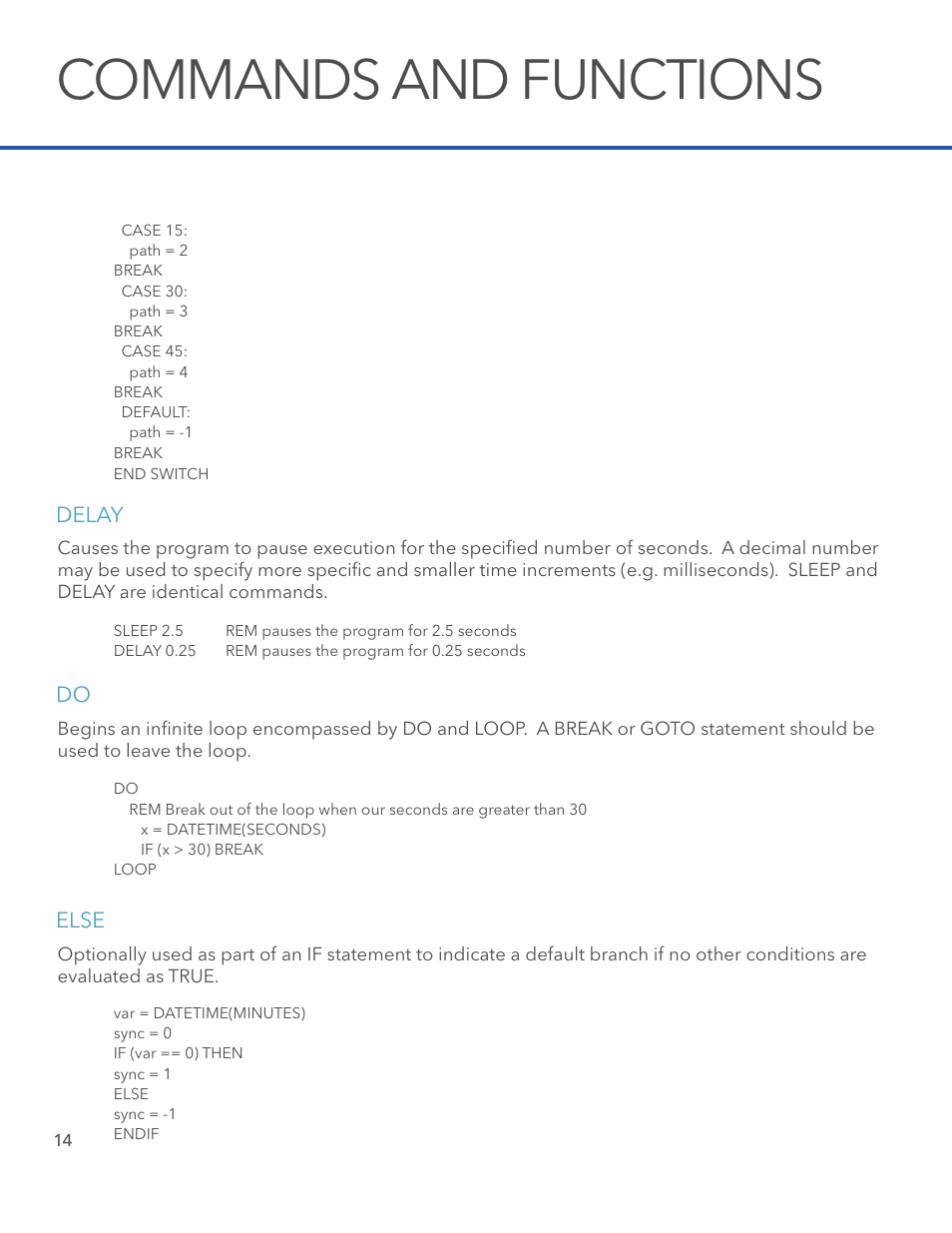 Commands and functions, Delay, Else | Xylem STORM 3 Basic Programming manual User Manual | Page 16 / 48