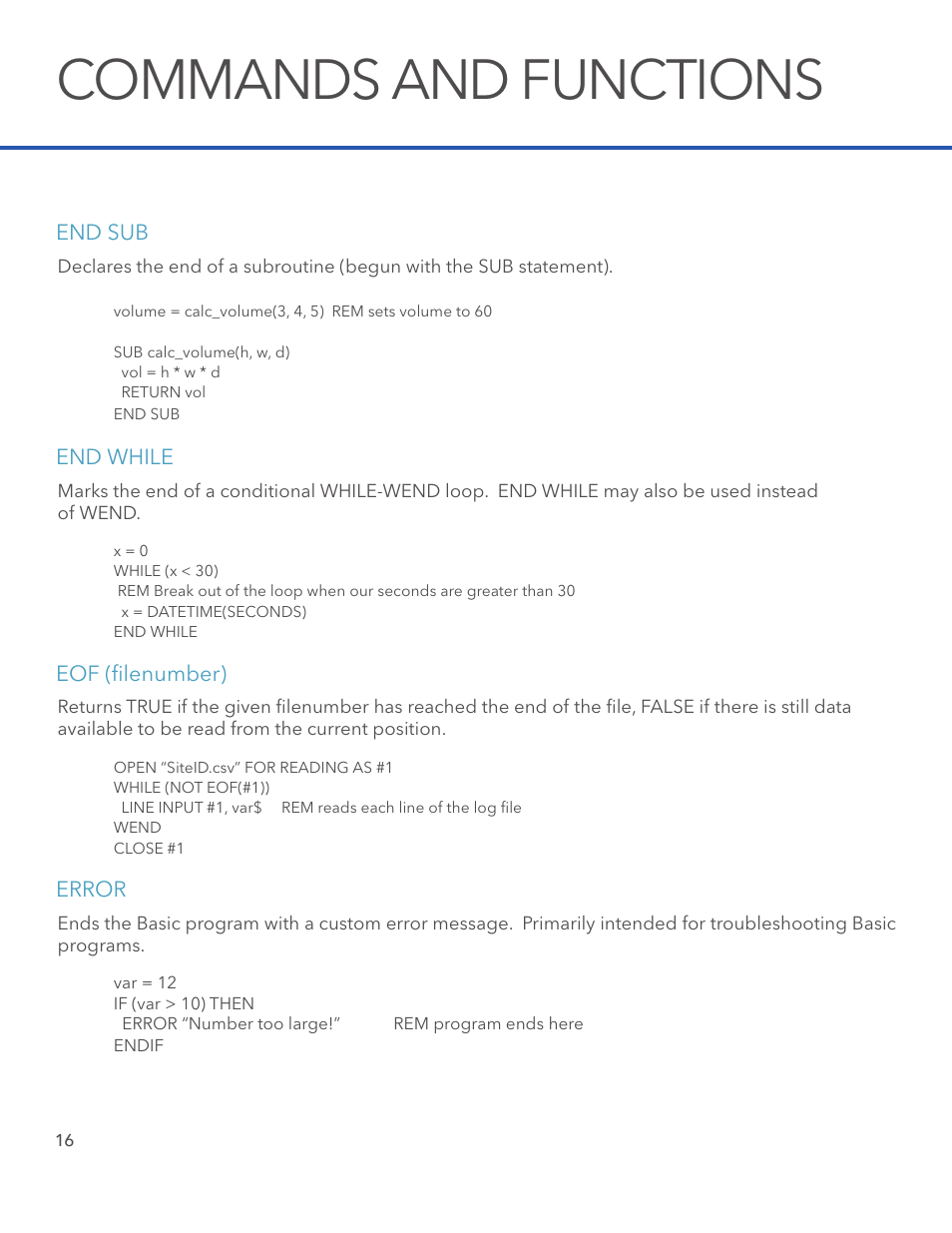 Commands and functions, End sub, End while eof (filenumber) | Error | Xylem STORM 3 Basic Programming manual User Manual | Page 18 / 48