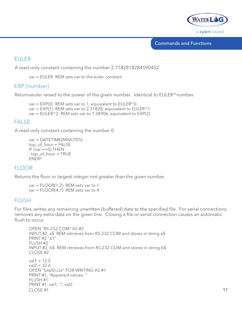 Euler, Exp (number), Flush | False, Floor | Xylem STORM 3 Basic Programming manual User Manual | Page 19 / 48