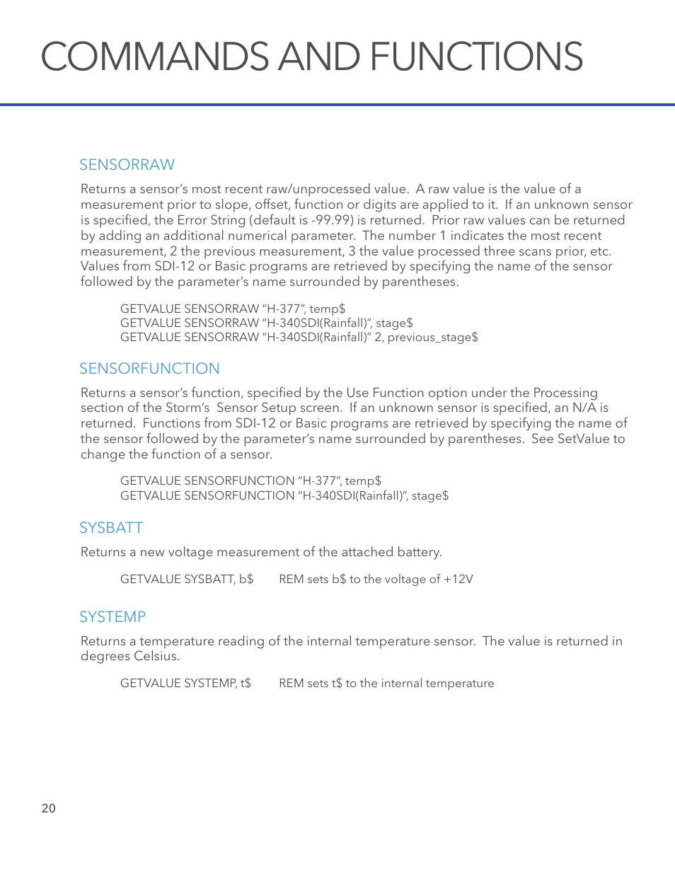 Commands and functions | Xylem STORM 3 Basic Programming manual User Manual | Page 22 / 48
