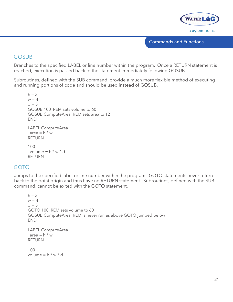 Goto, Gosub | Xylem STORM 3 Basic Programming manual User Manual | Page 23 / 48