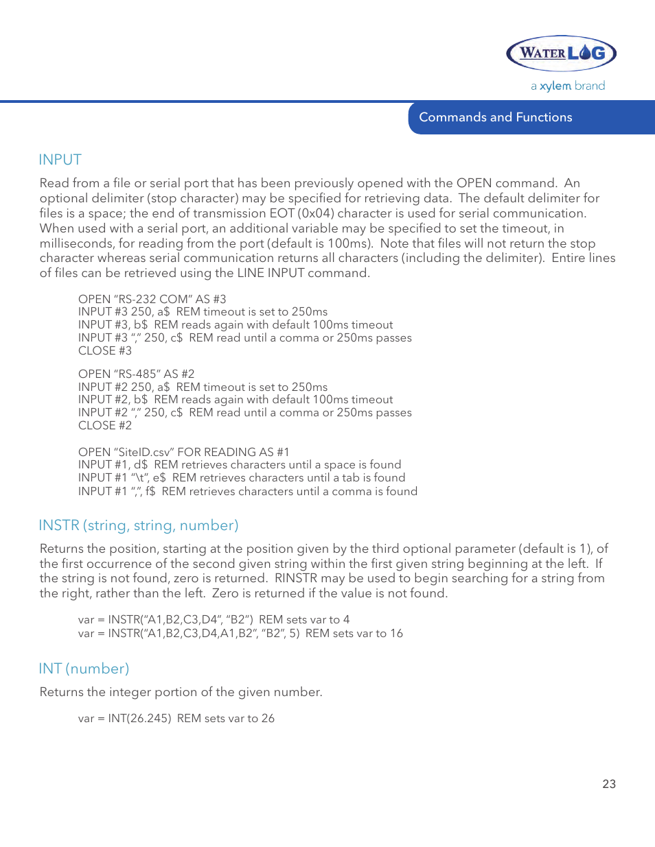Instr (string, string, number), Int (number), Input | Xylem STORM 3 Basic Programming manual User Manual | Page 25 / 48