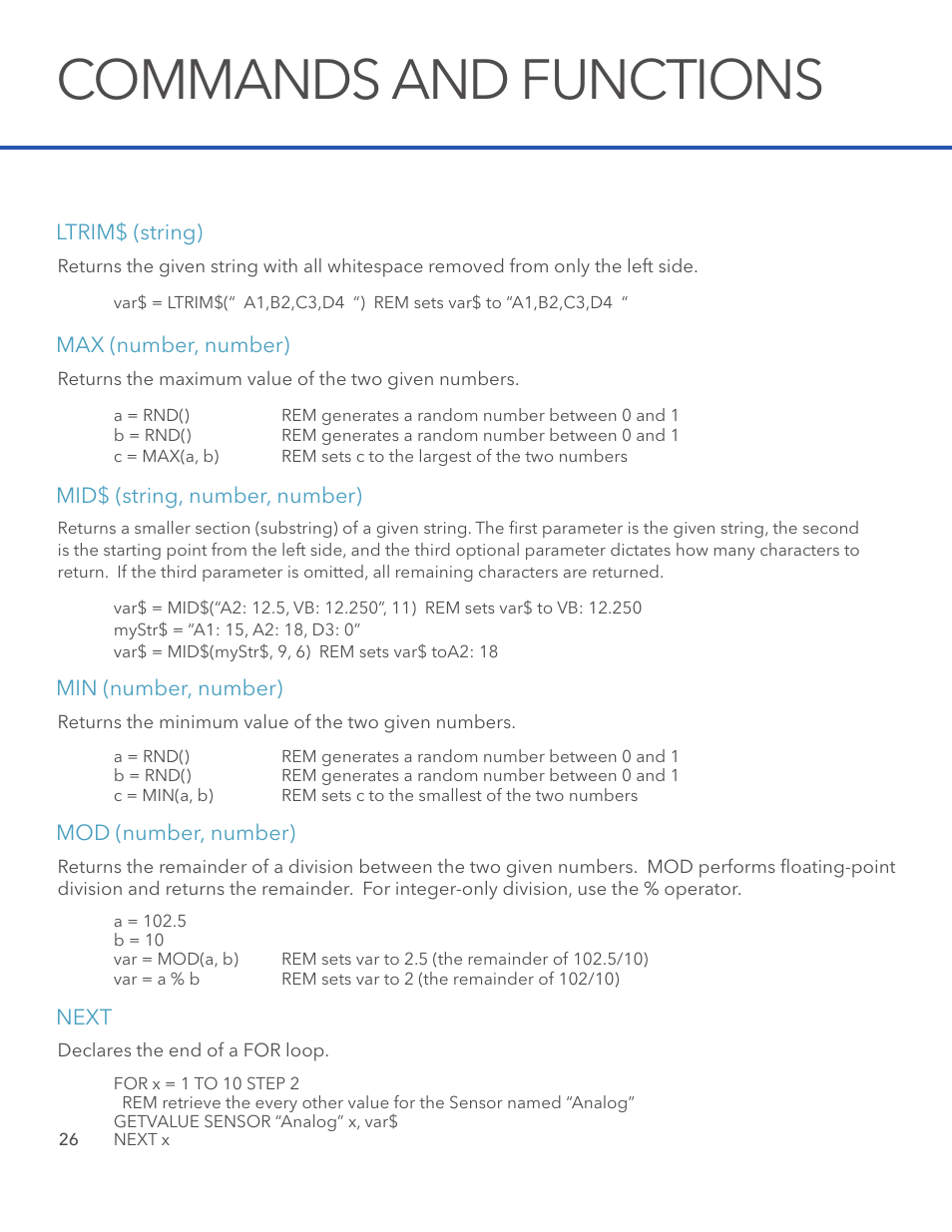 Commands and functions | Xylem STORM 3 Basic Programming manual User Manual | Page 28 / 48
