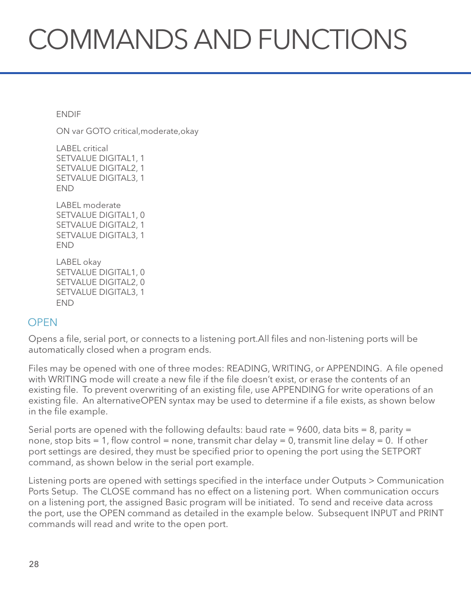 Commands and functions | Xylem STORM 3 Basic Programming manual User Manual | Page 30 / 48