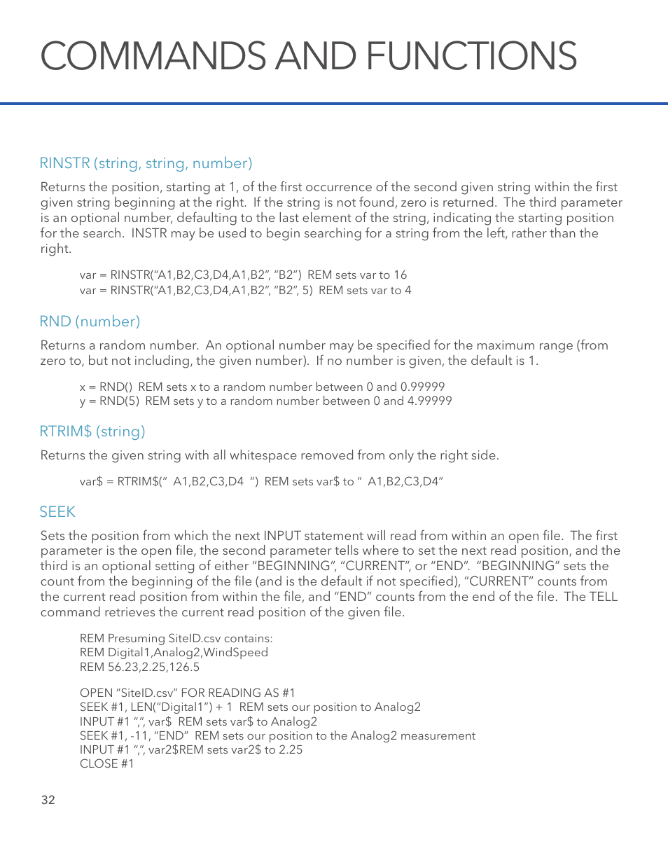 Commands and functions | Xylem STORM 3 Basic Programming manual User Manual | Page 34 / 48