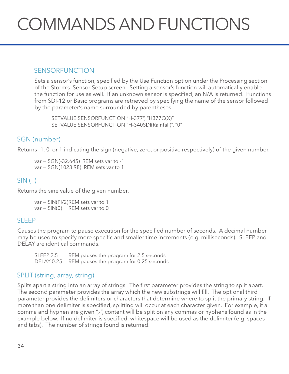 Commands and functions | Xylem STORM 3 Basic Programming manual User Manual | Page 36 / 48