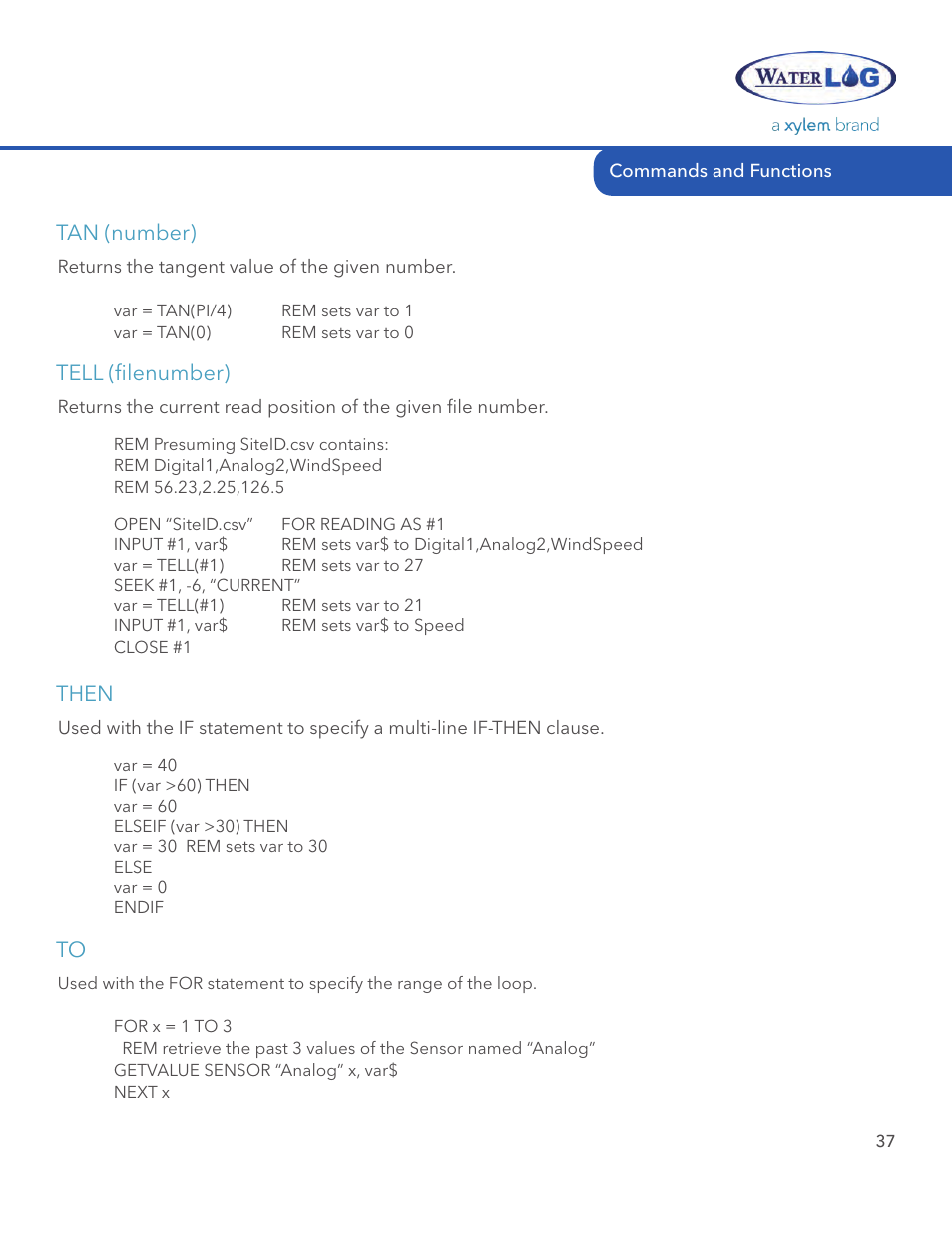 Tan (number), Tell (filenumber) then | Xylem STORM 3 Basic Programming manual User Manual | Page 39 / 48