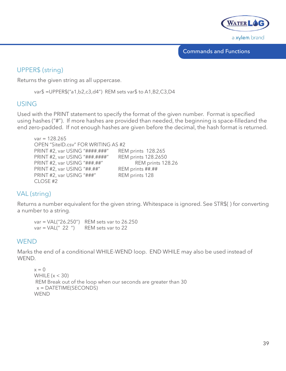 Upper$ (string), Using val (string) wend | Xylem STORM 3 Basic Programming manual User Manual | Page 41 / 48