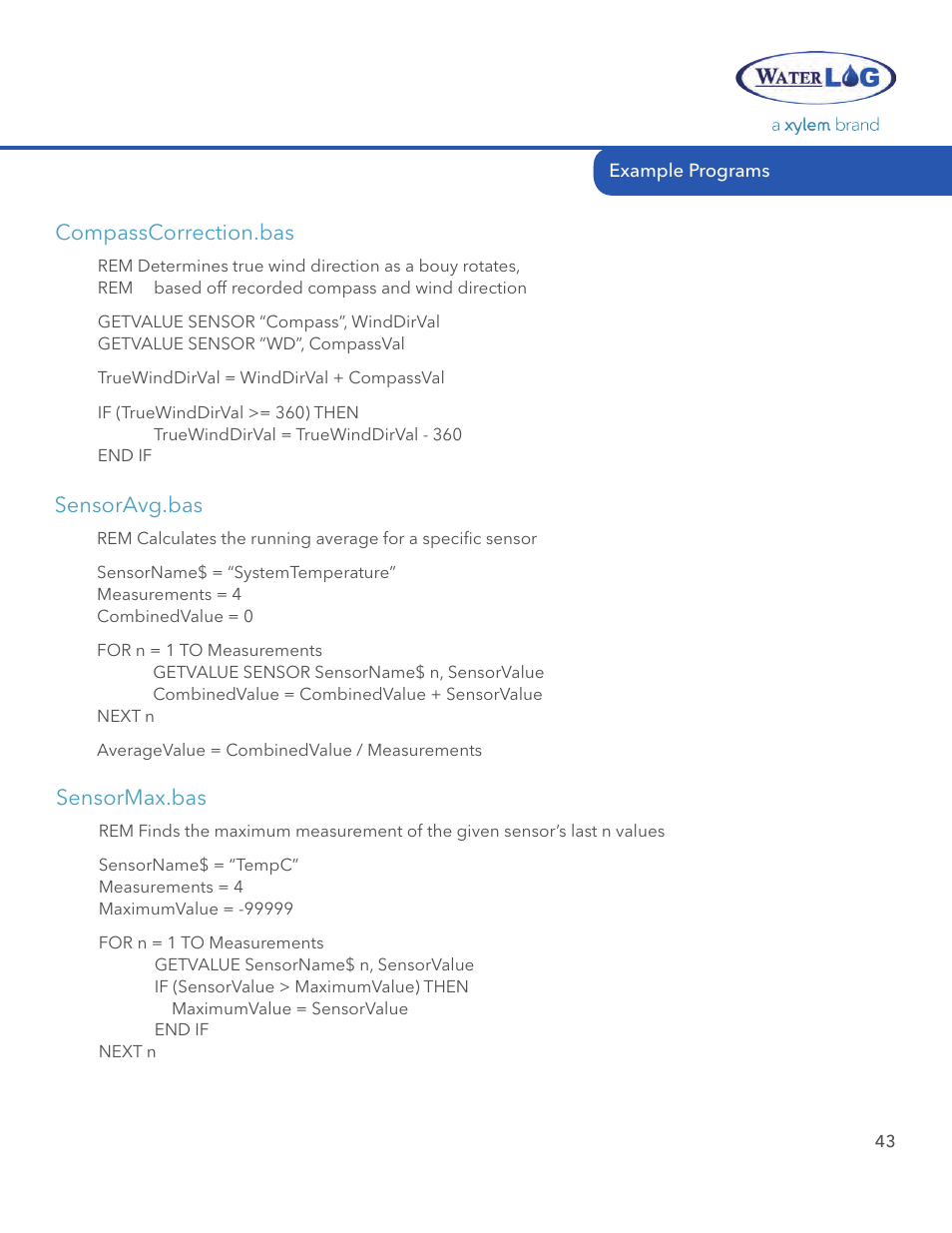 Compasscorrection.bas, Sensoravg.bas, Sensormax.bas | Xylem STORM 3 Basic Programming manual User Manual | Page 45 / 48