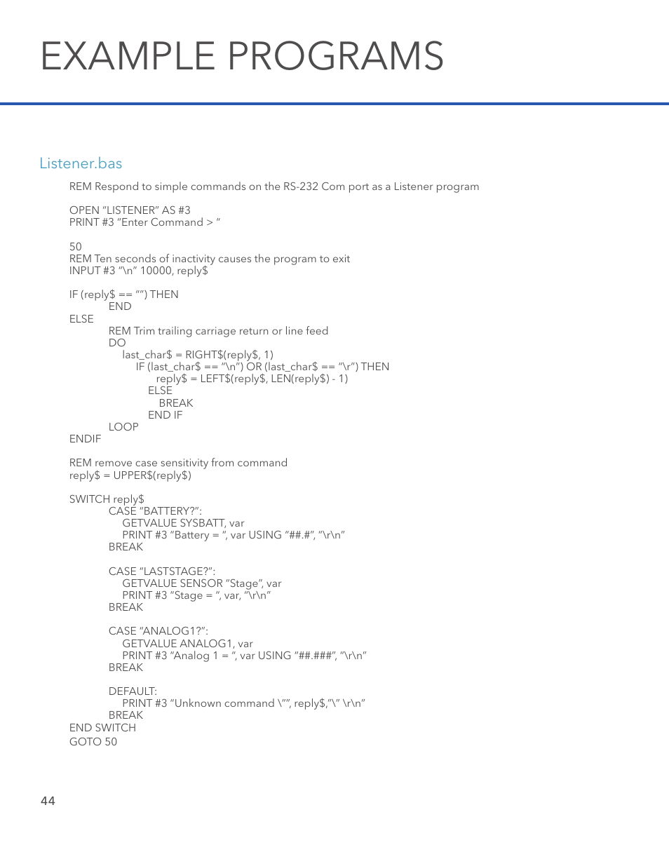 Example programs, Listener.bas | Xylem STORM 3 Basic Programming manual User Manual | Page 46 / 48