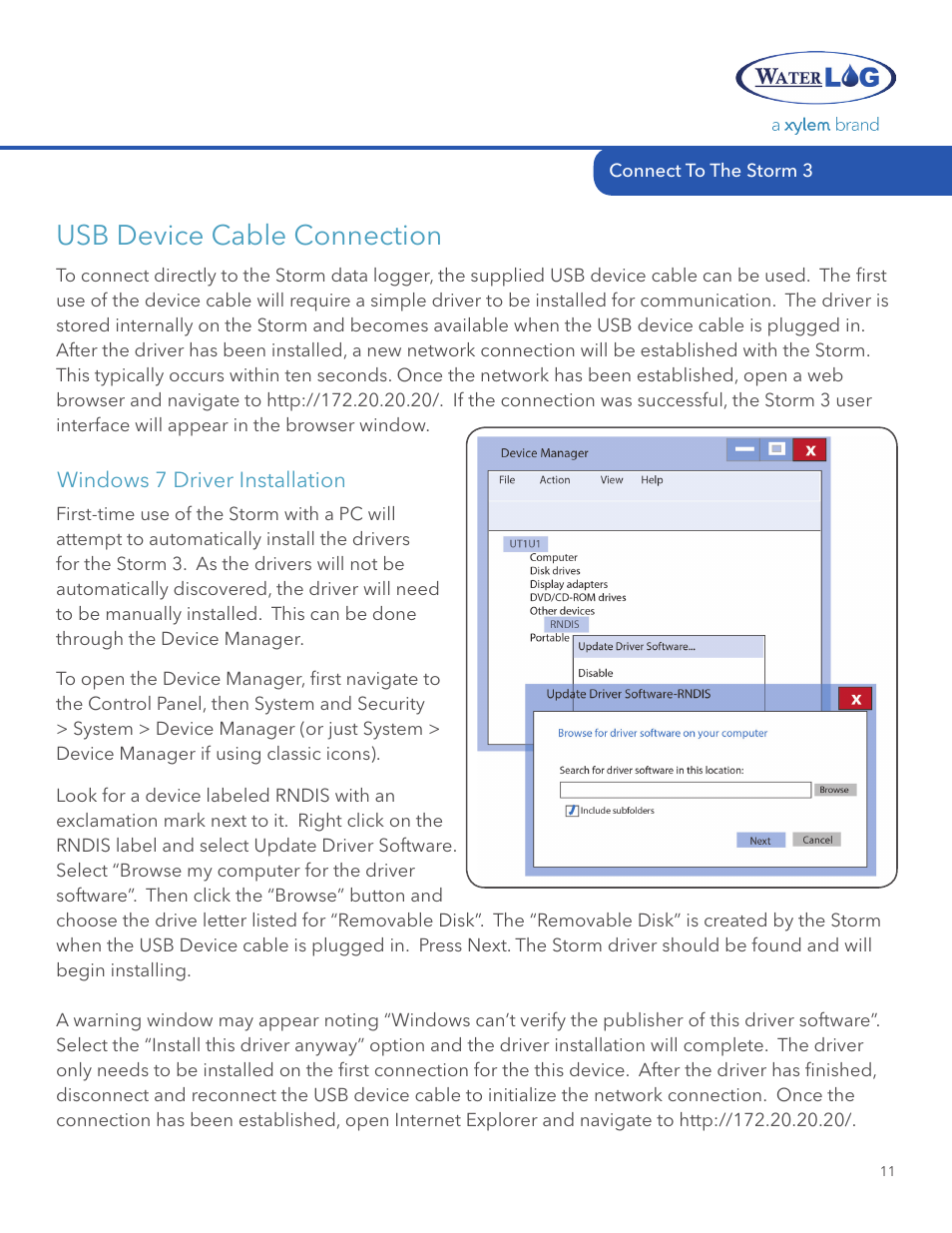 Usb device cable connection | Xylem STORM 3 Getting Started Guide User Manual | Page 13 / 18