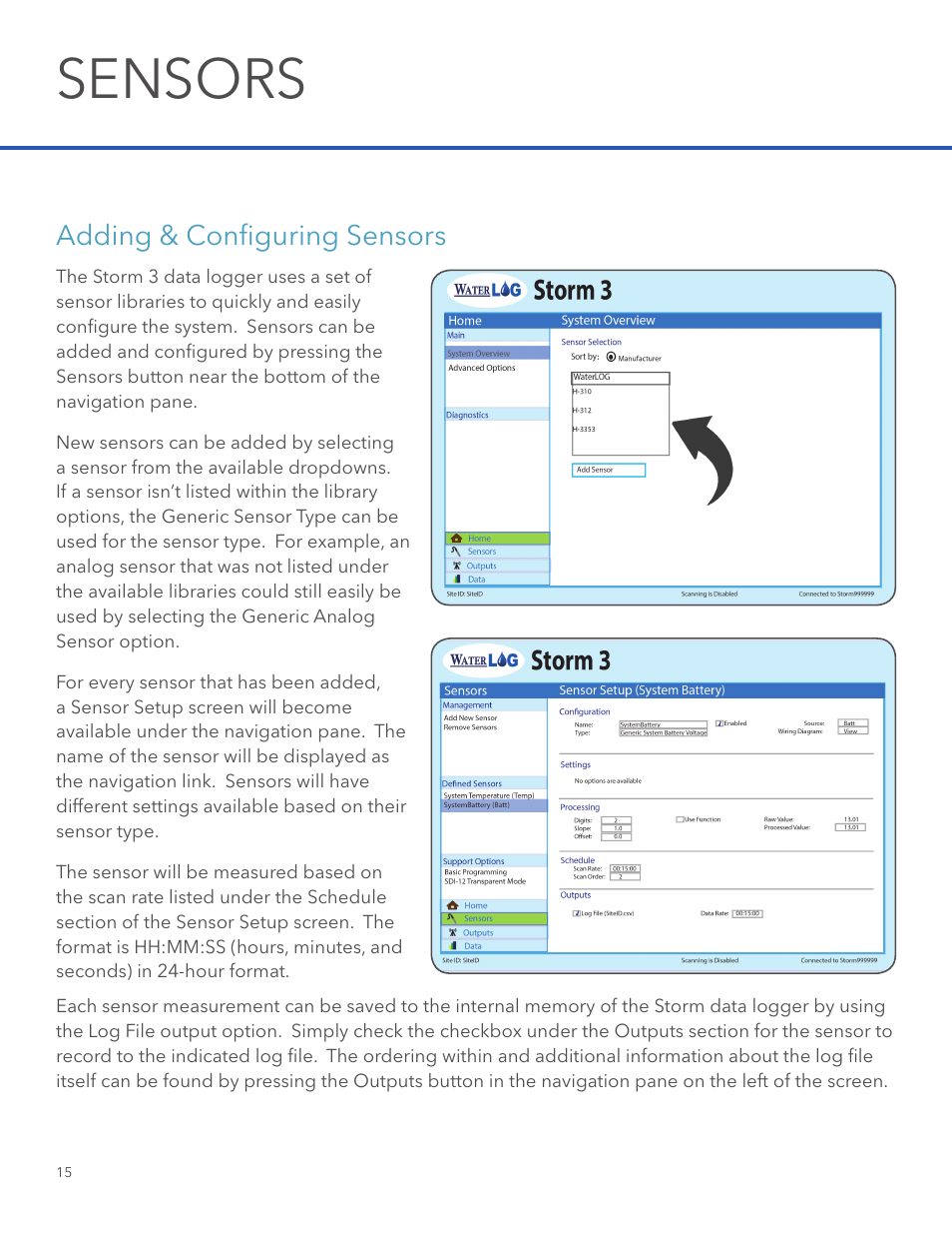 Sensors, Adding & configuring sensors | Xylem STORM 3 Getting Started Guide User Manual | Page 16 / 18