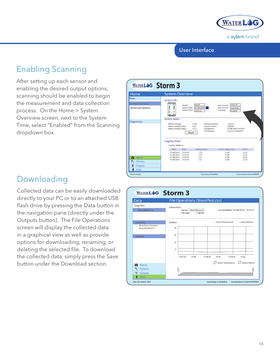 Enabling scanning, Downloading | Xylem STORM 3 Getting Started Guide User Manual | Page 17 / 18