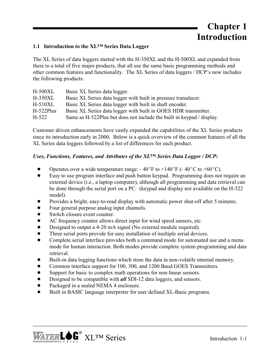 Chapter 1 introduction, Xl™ series | Xylem XL Series H-522 - Plus User Manual | Page 11 / 272