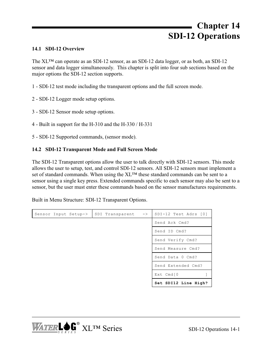 Chapter 14 sdi-12 operations, Xl™ series | Xylem XL Series H-522 - Plus User Manual | Page 117 / 272