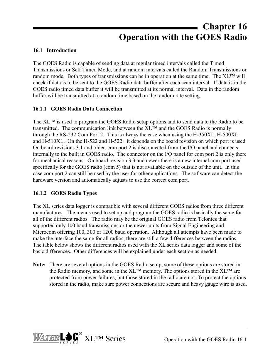 Chapter 16 operation with the goes radio, Xl™ series | Xylem XL Series H-522 - Plus User Manual | Page 157 / 272
