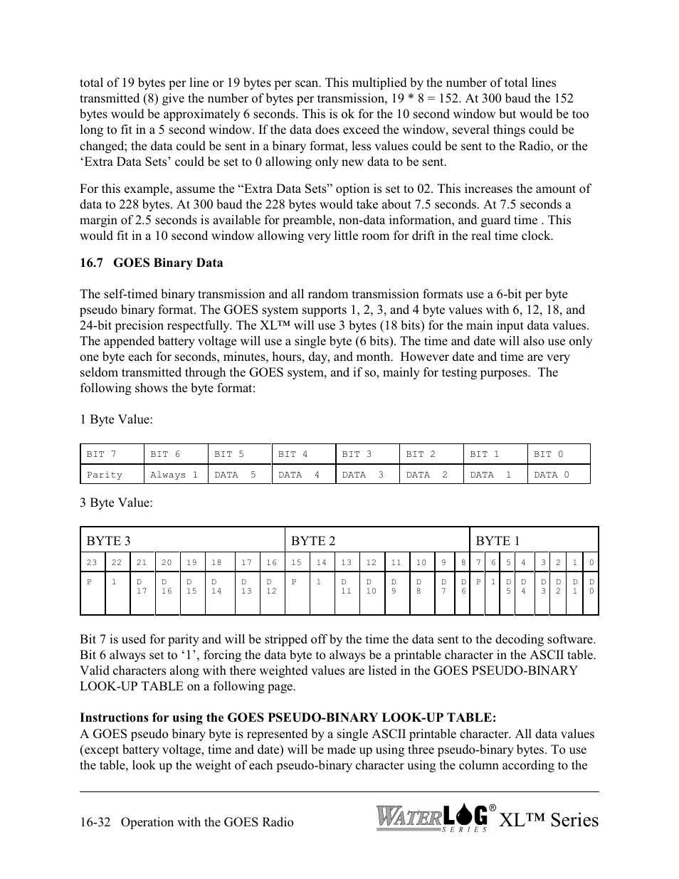 Xl™ series, 32 operation with the goes radio, 3 byte value: byte 3 byte 2 byte 1 | Xylem XL Series H-522 - Plus User Manual | Page 188 / 272
