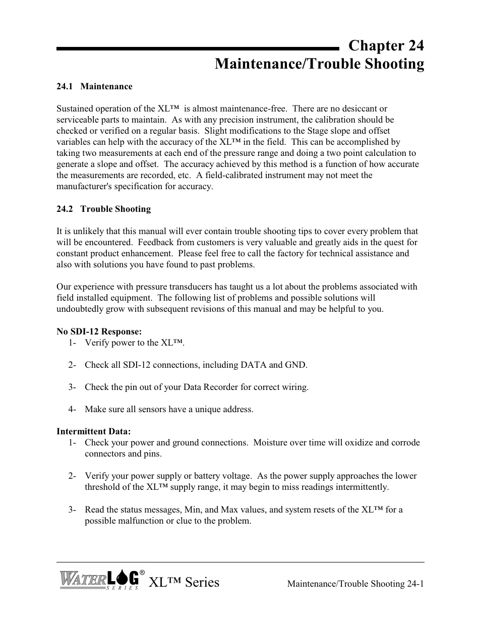 Chapter 24 maintenance/trouble shooting, Xl™ series | Xylem XL Series H-522 - Plus User Manual | Page 269 / 272