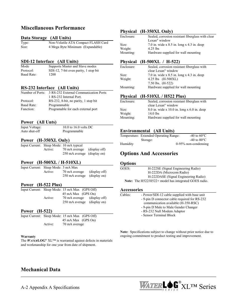 Xl™ series, Miscellaneous performance, Mechanical data | Options and accessories | Xylem XL Series H-522 - Plus User Manual | Page 272 / 272