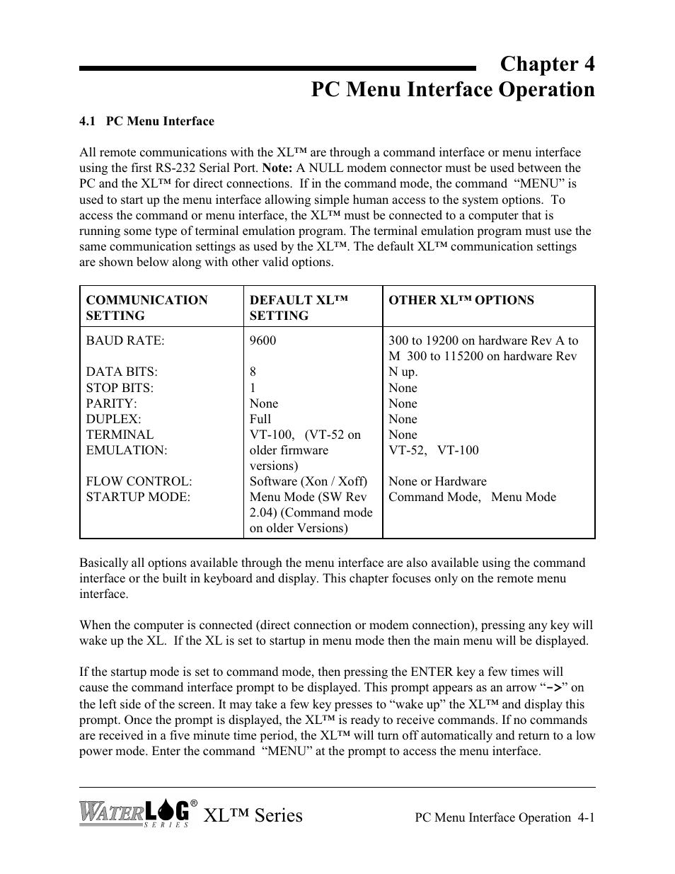 Chapter 4 pc menu interface operation, Xl™ series | Xylem XL Series H-522 - Plus User Manual | Page 43 / 272
