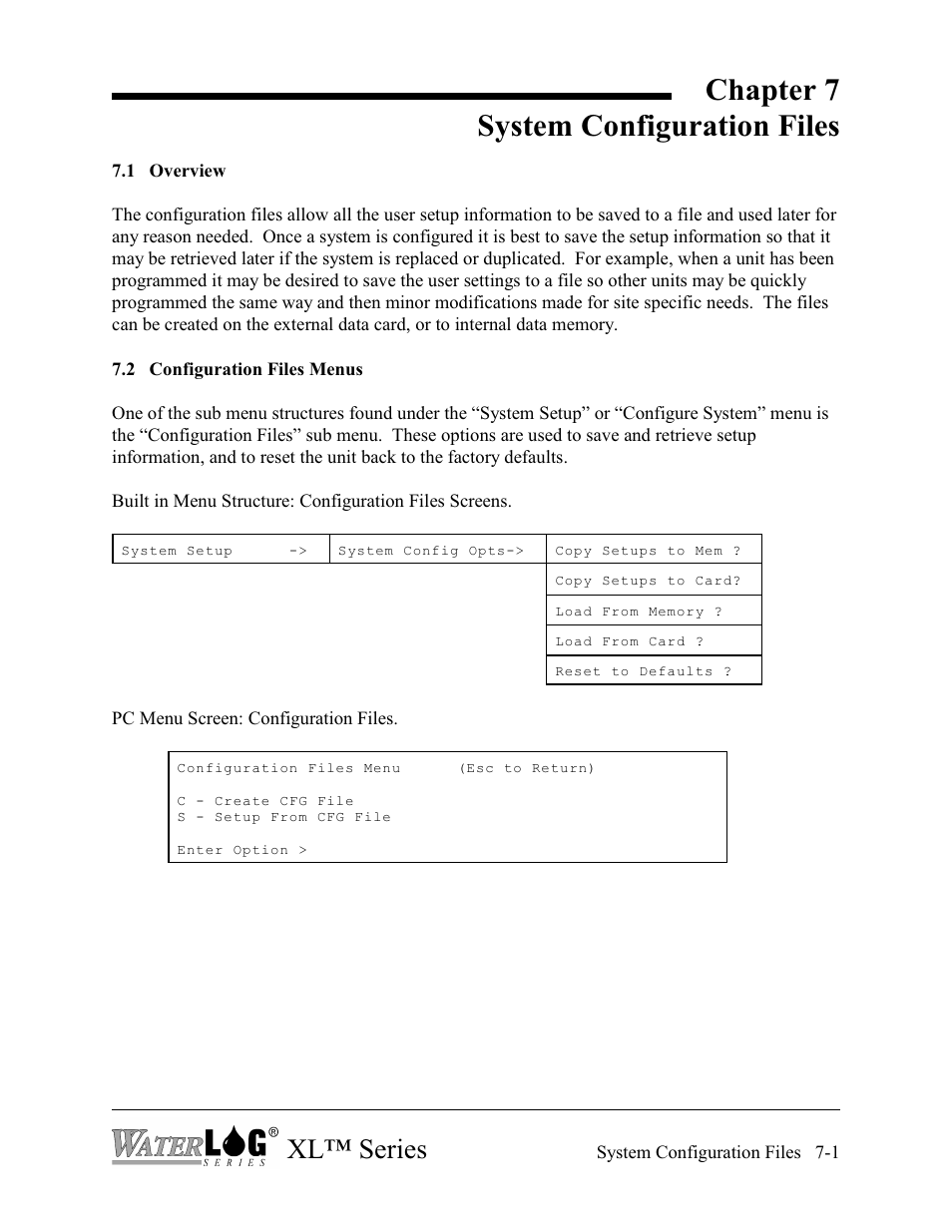 Chapter 7 system configuration files, Xl™ series | Xylem XL Series H-522 - Plus User Manual | Page 67 / 272