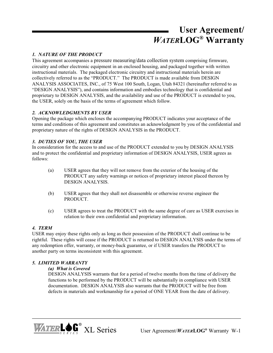 User agreement/ w, Log warranty, Xl series | Ater | Xylem XL Series H-522 - Plus User Manual | Page 9 / 272