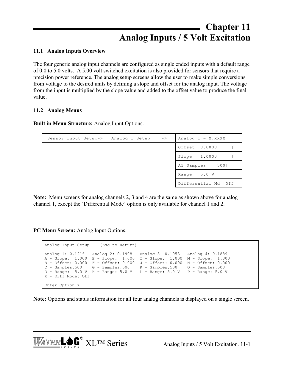 Chapter 11 analog inputs / 5 volt excitation, Xl™ series | Xylem XL Series H-522 - Plus User Manual | Page 95 / 272