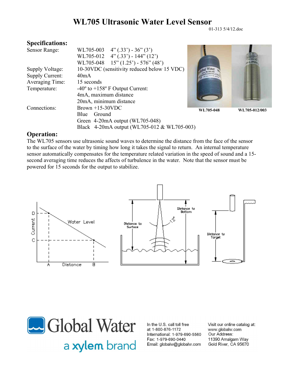 Xylem WL705 ULTRASONIC WATER LEVEL SENSOR User Manual | 2 pages