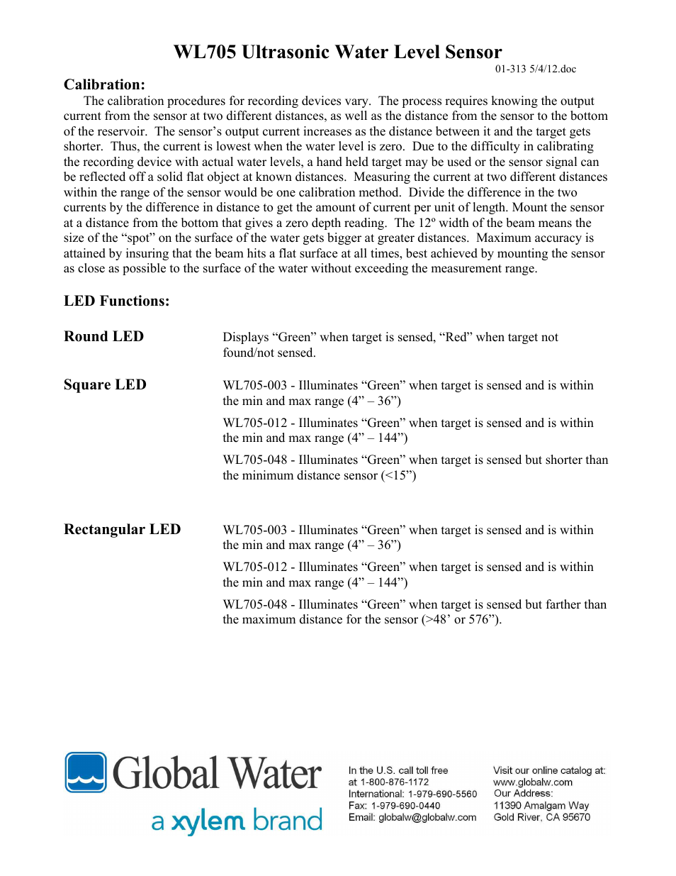 Wl705 ultrasonic water level sensor | Xylem WL705 ULTRASONIC WATER LEVEL SENSOR User Manual | Page 2 / 2