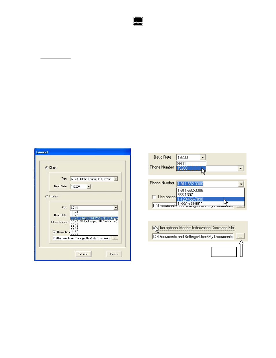 Global water, Select the baud rate, Wl16s only | Type in or find the phone number, Browse | Xylem WL16 WATER LEVEL LOGGERS User Manual | Page 11 / 33